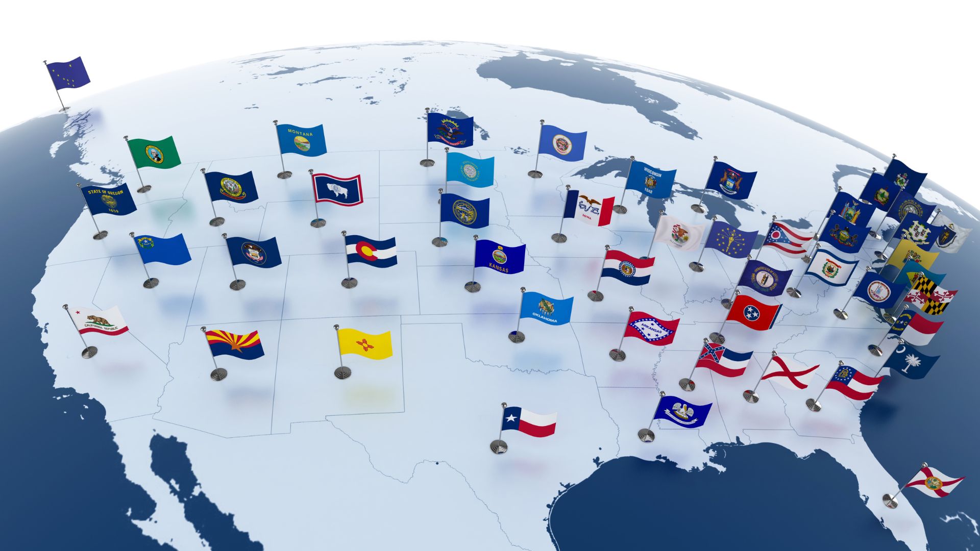 The globe style map of the U.S. with each state's flag represented