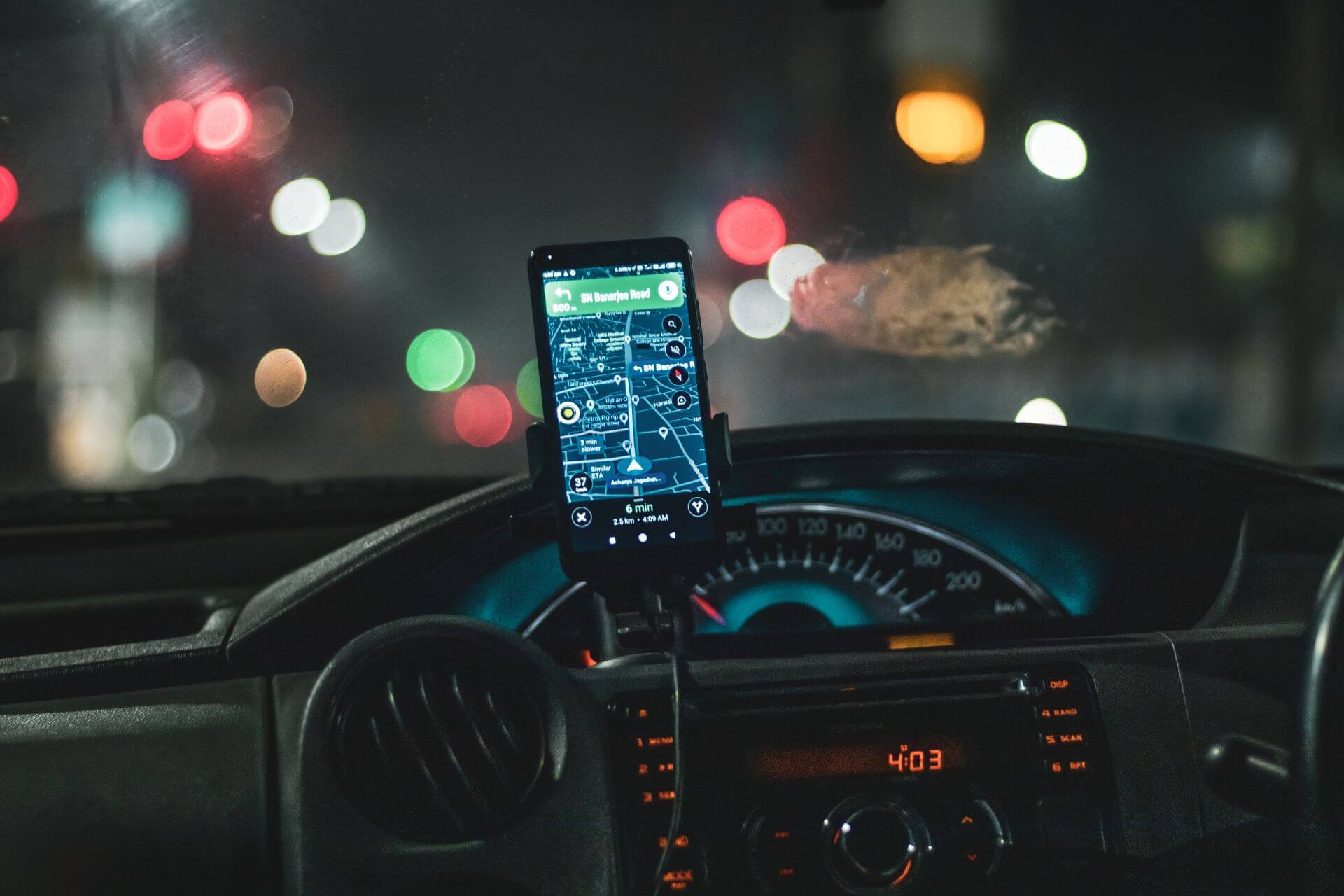 GPS on a phone in a car at night