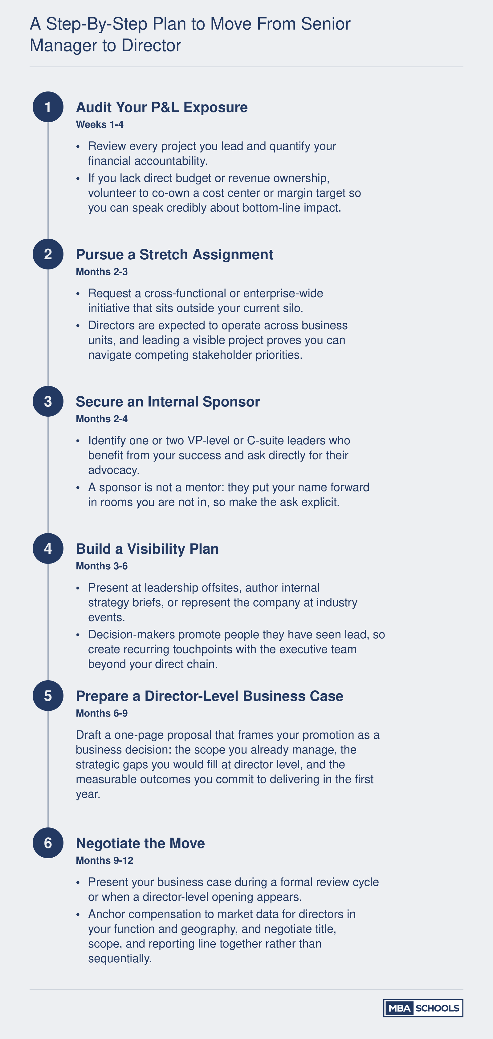 Six-step promotion plan from senior manager to director covering P&L exposure, stretch assignments, sponsorship, visibility, business case, and negotiation
